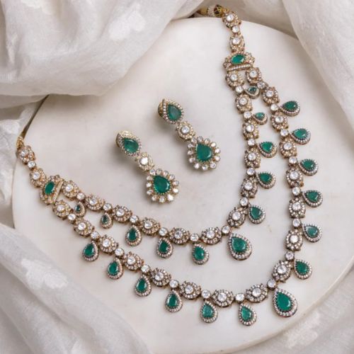 92.5 Silver Polki Emerald Necklace Set